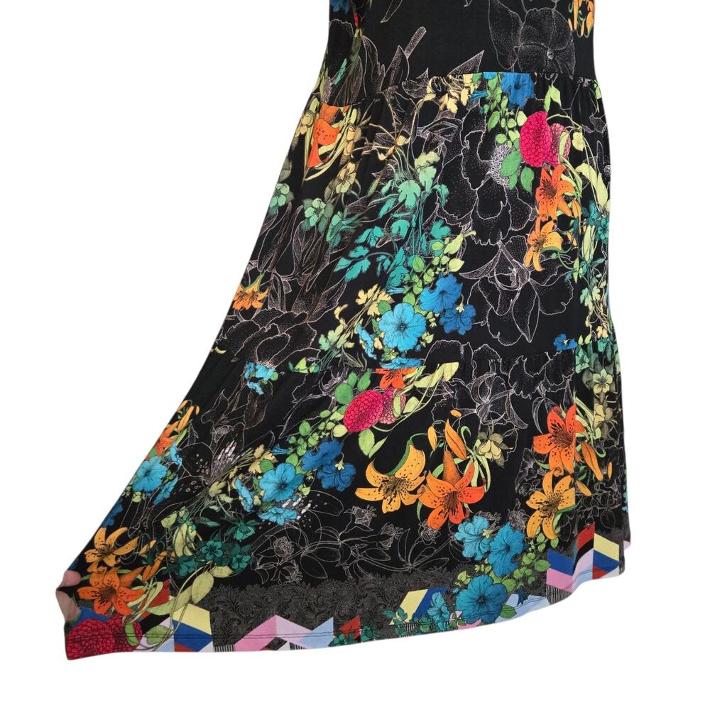 Johnny Was Floral Jersey Knit Colorful Nero Sequence Tiered Tea Length Dress - Picture 7 of 12